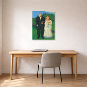 Unframed poster print of Fernando Botero's Country Wedding displayed on a wall in a home office