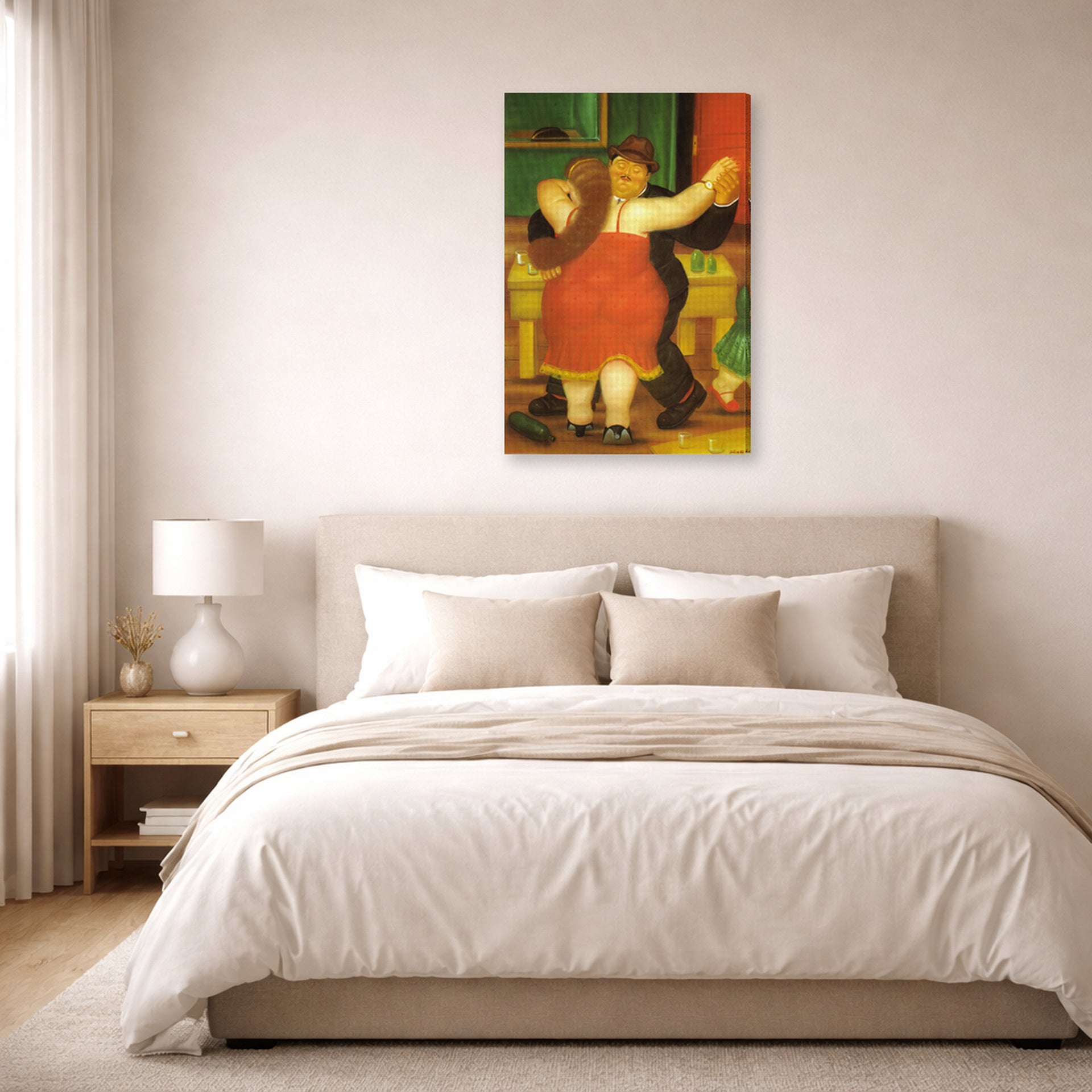 Gallery-wrapped canvas print of Fernando Botero's Couple Dancing displayed on a wall in a bedroom