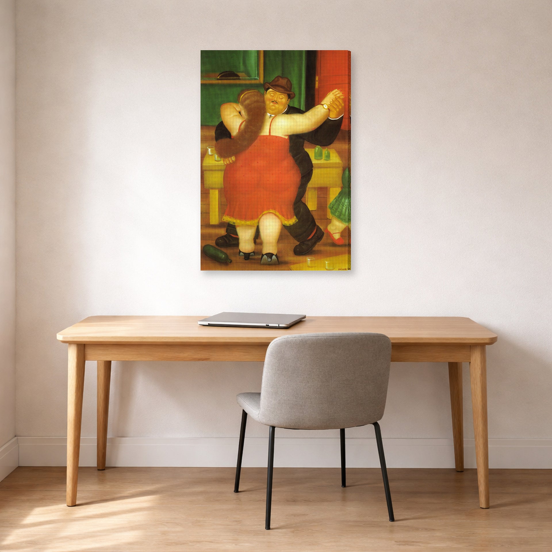 Gallery-wrapped canvas print of Fernando Botero's Couple Dancing displayed on a wall in a home office