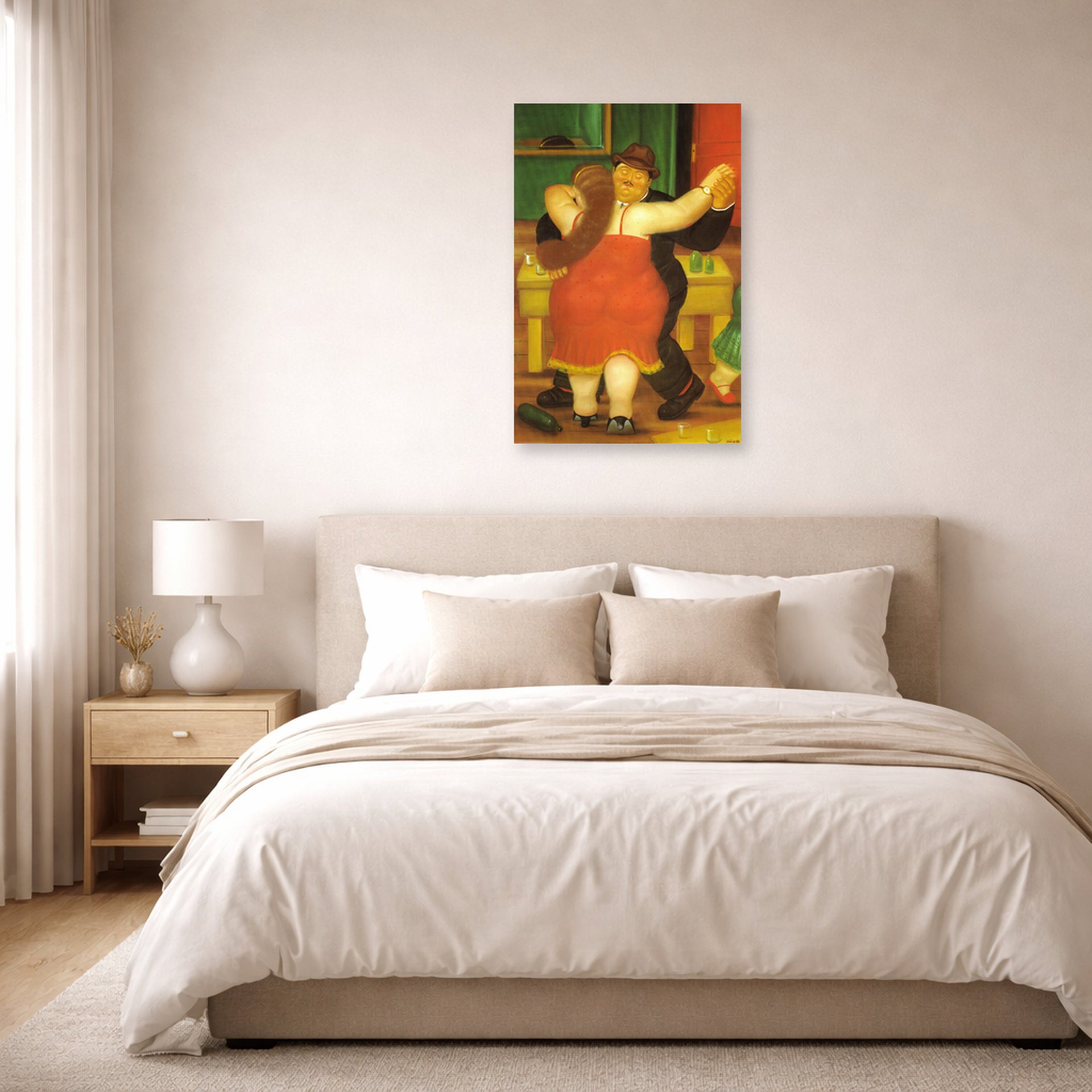 Unframed poster print of Fernando Botero's Couple Dancing displayed on a wall in a bedroom