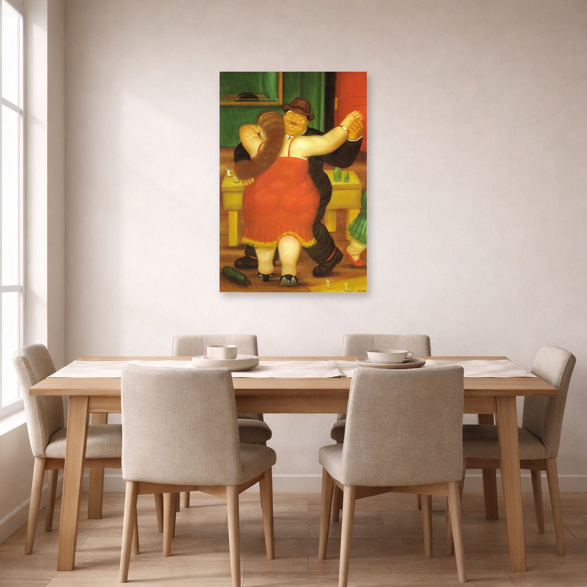 Unframed poster print of Fernando Botero's Couple Dancing displayed on a wall in a dining room