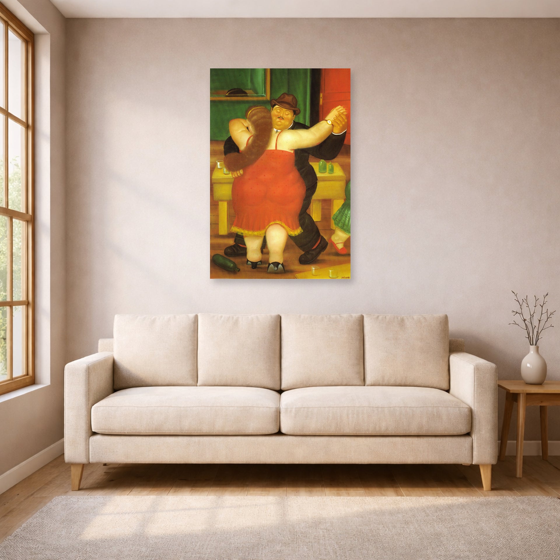 Unframed poster print of Fernando Botero's Couple Dancing displayed on a wall in a living room