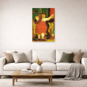 Unframed poster print of Fernando Botero's Couple Dancing displayed on a wall in a living room