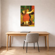 Unframed poster print of Fernando Botero's Couple Dancing displayed on a wall in a home office