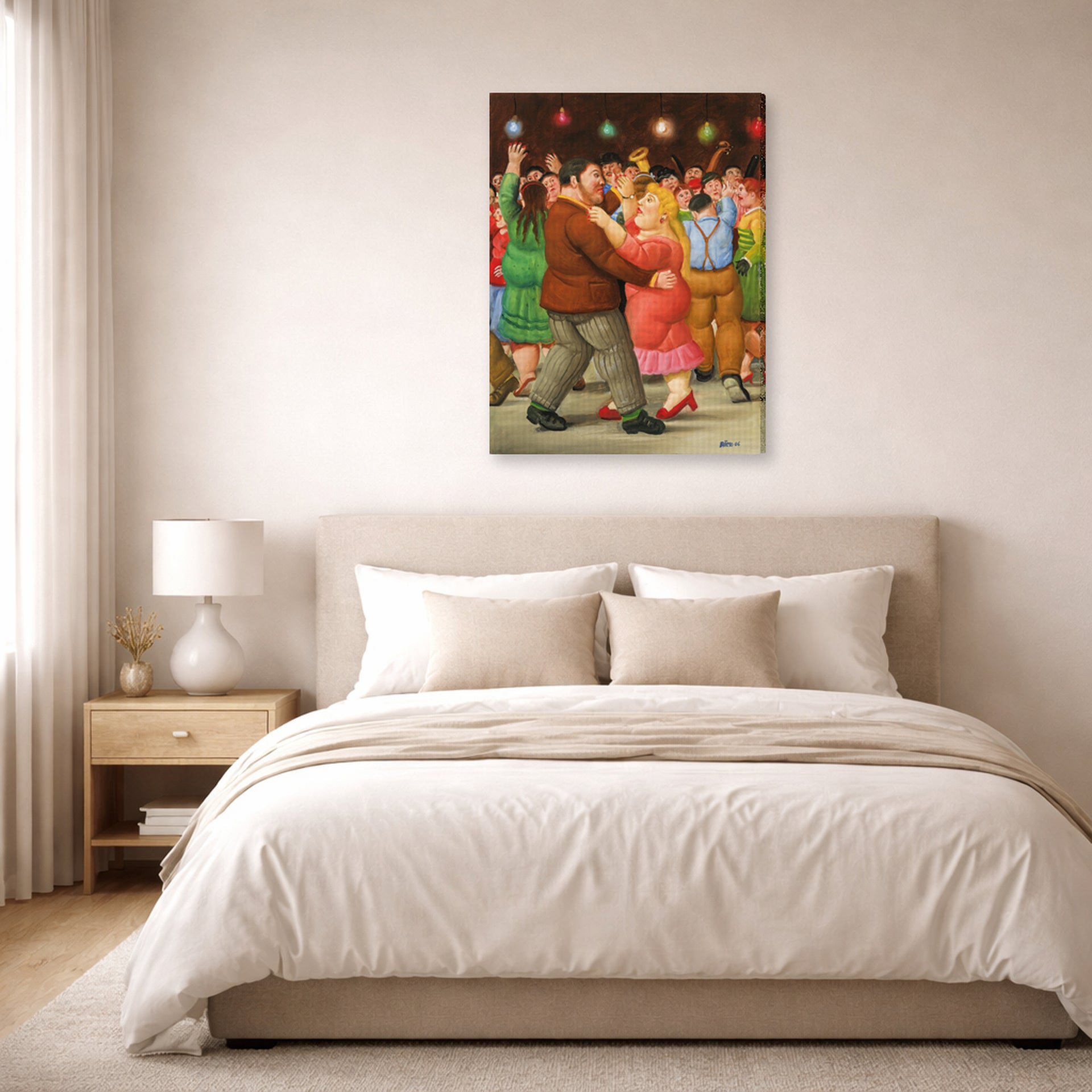 Gallery-wrapped canvas print of Fernando Botero's Dance displayed on a wall in a bedroom