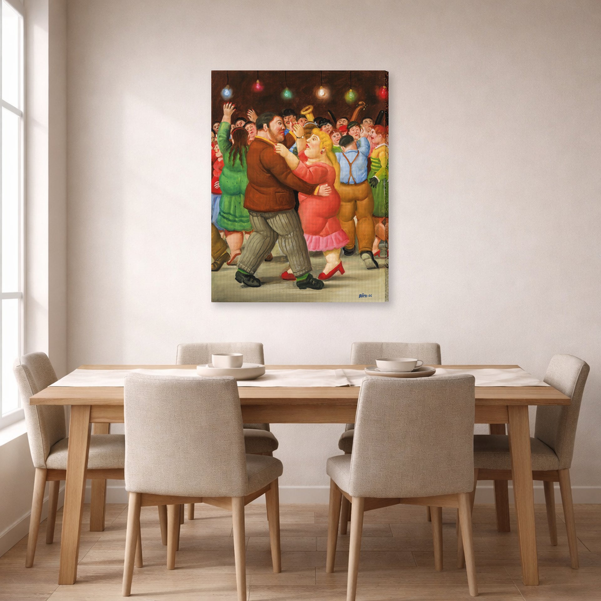 Gallery-wrapped canvas print of Fernando Botero's Dance displayed on a wall in a dining room