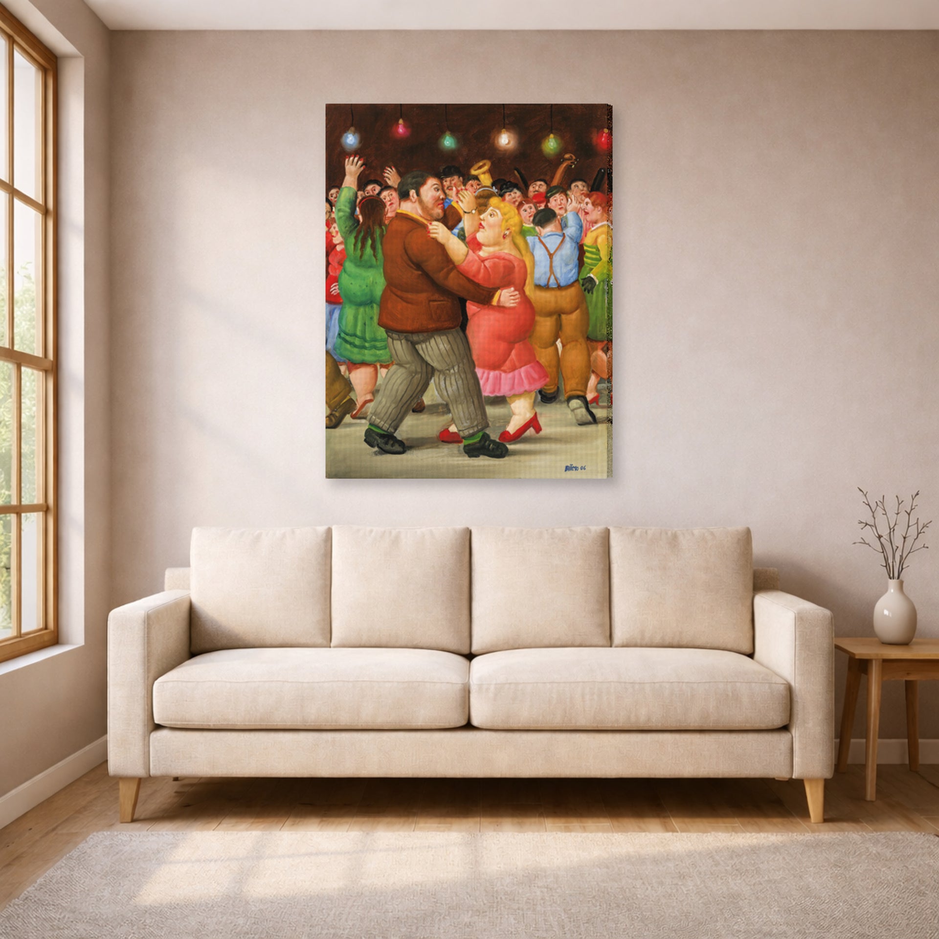 Gallery-wrapped canvas print of Fernando Botero's Dance displayed on a wall in a living room
