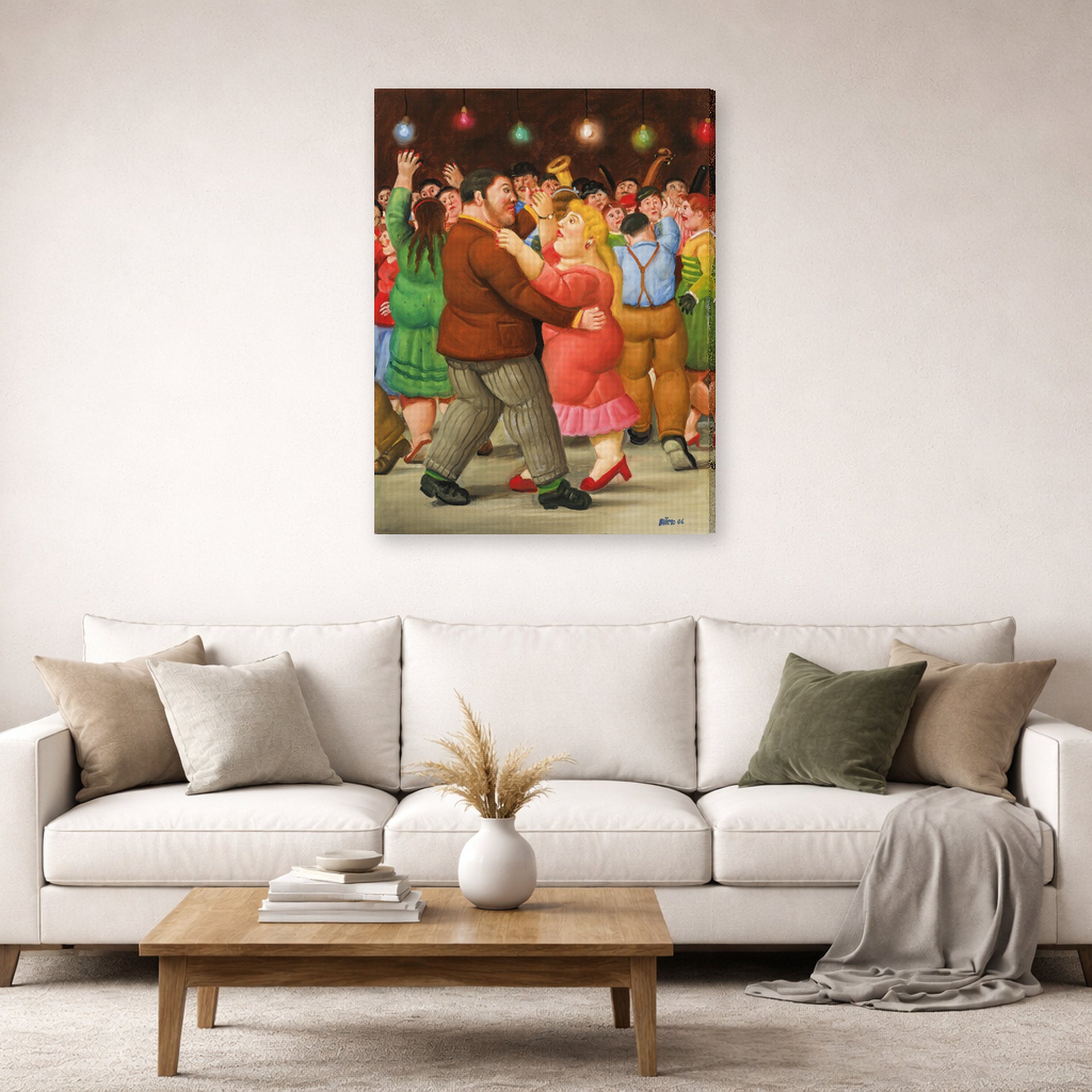 Gallery-wrapped canvas print of Fernando Botero's Dance displayed on a wall in a living room