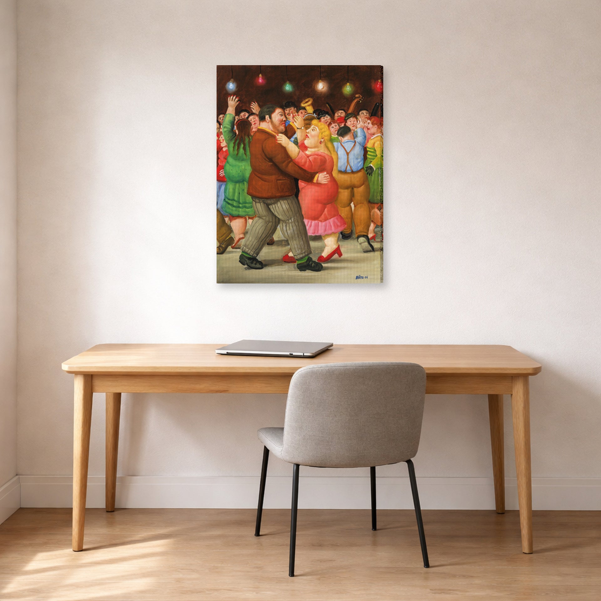 Gallery-wrapped canvas print of Fernando Botero's Dance displayed on a wall in a home office
