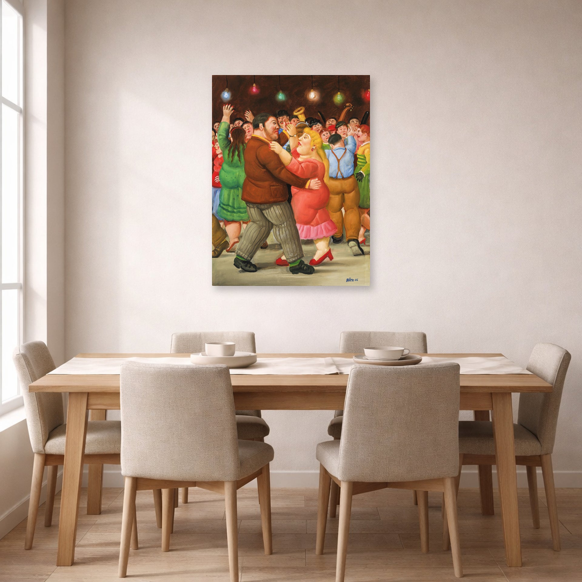 Unframed poster print of Fernando Botero's Dance displayed on a wall in a dining room