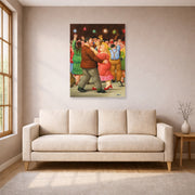 Unframed poster print of Fernando Botero's Dance displayed on a wall in a living room
