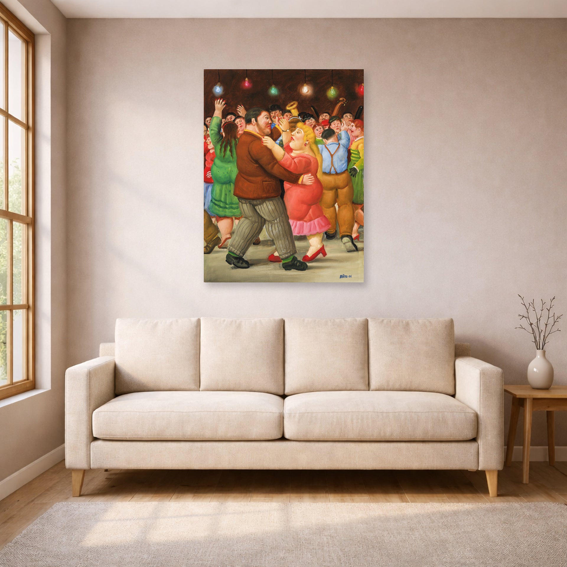 Unframed poster print of Fernando Botero's Dance displayed on a wall in a living room