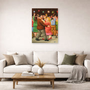 Unframed poster print of Fernando Botero's Dance displayed on a wall in a living room