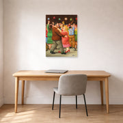 Unframed poster print of Fernando Botero's Dance displayed on a wall in a home office