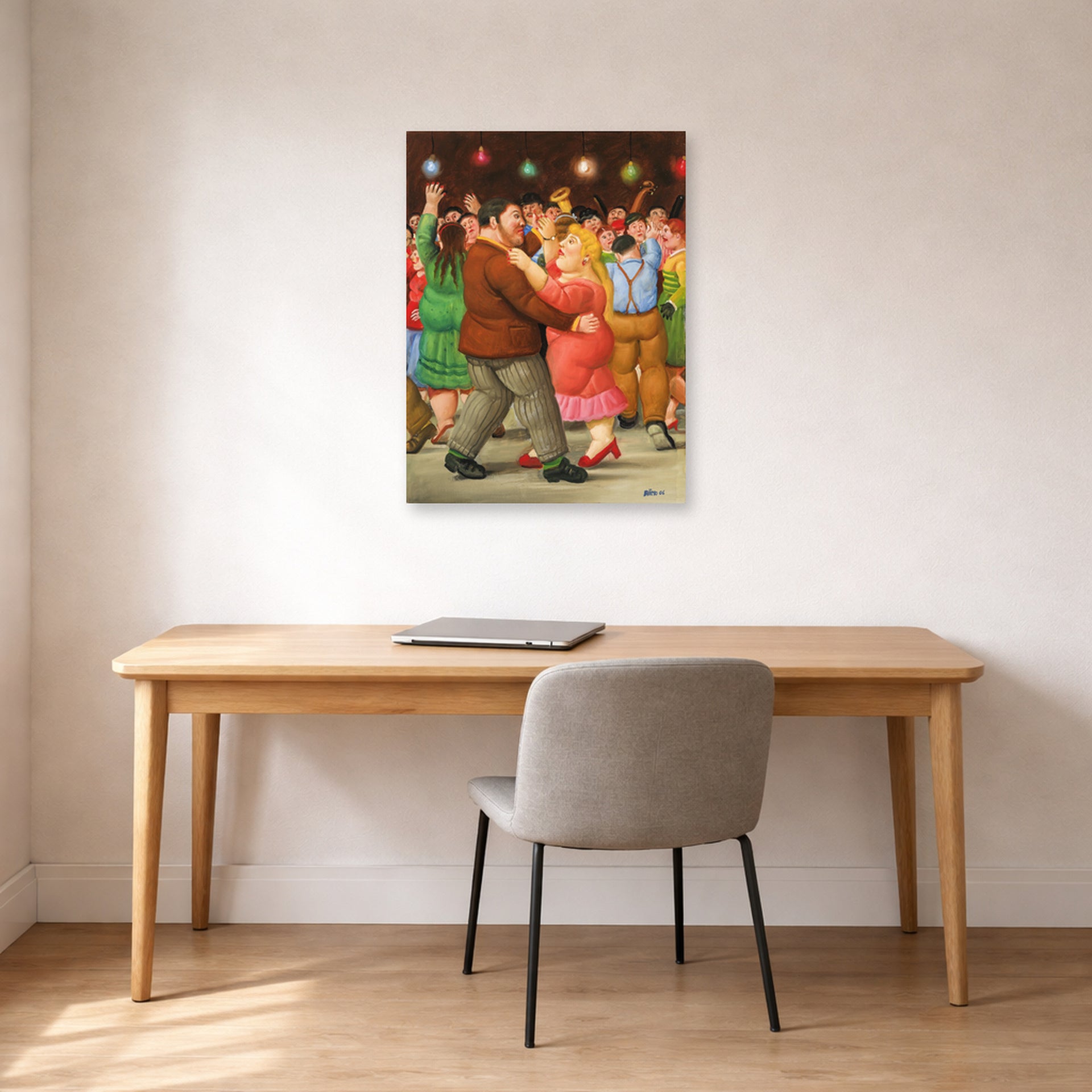 Unframed poster print of Fernando Botero's Dance displayed on a wall in a home office