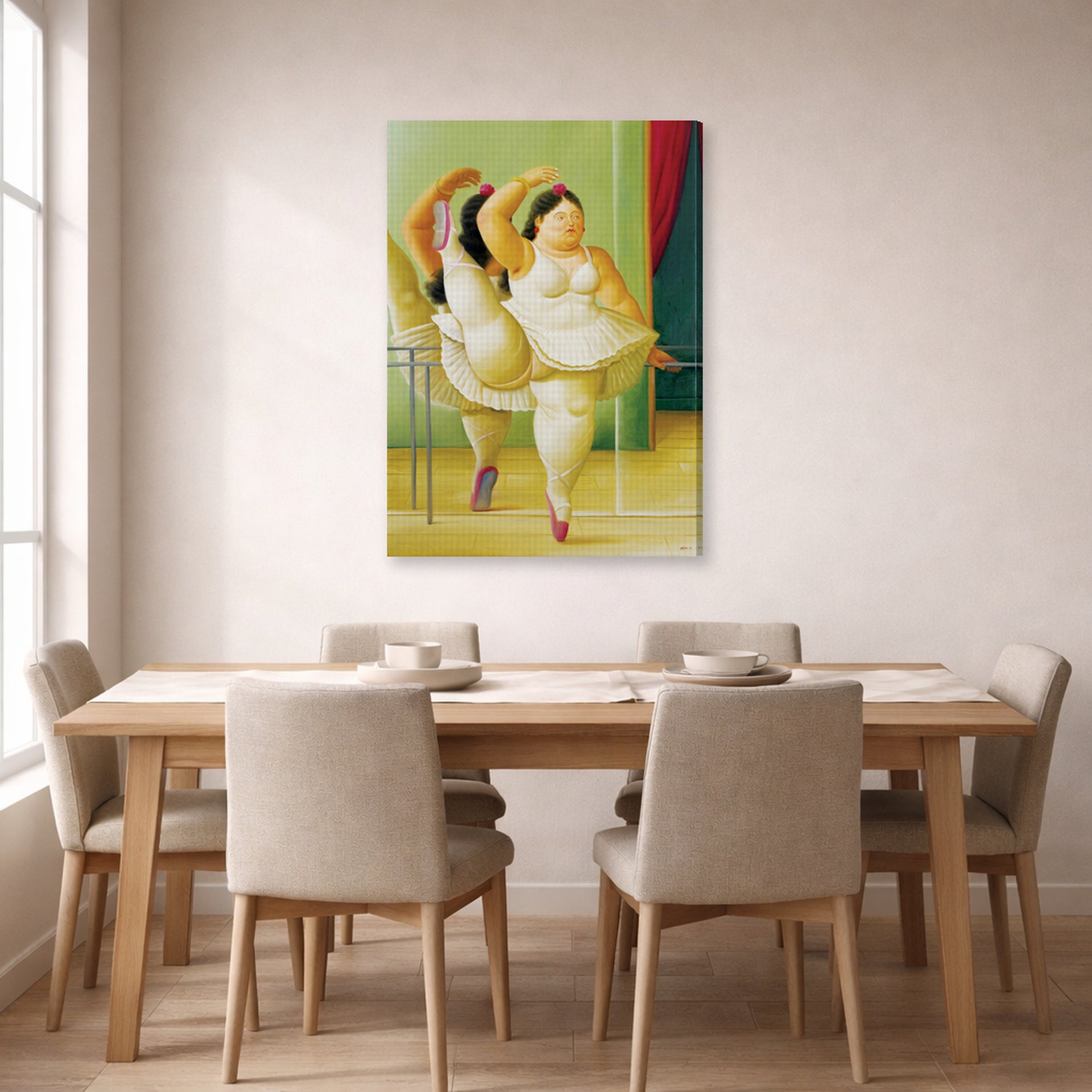 Gallery-wrapped canvas print of Fernando Botero's Dancers at the Bar displayed on a wall in a dining room