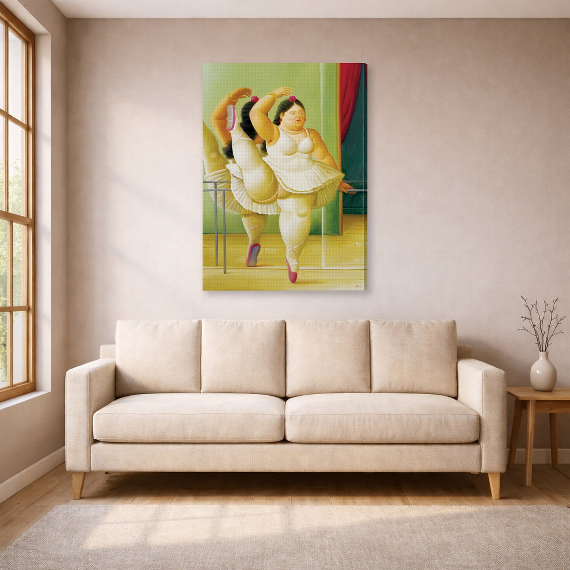 Gallery-wrapped canvas print of Fernando Botero's Dancers at the Bar displayed on a wall in a living room