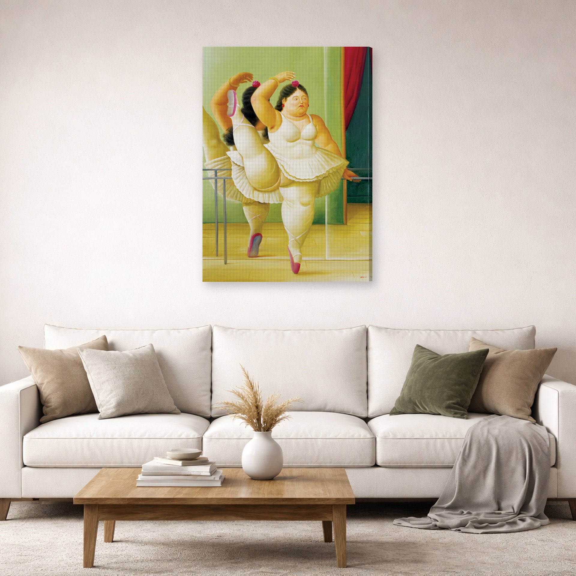 Gallery-wrapped canvas print of Fernando Botero's Dancers at the Bar displayed on a wall in a living room