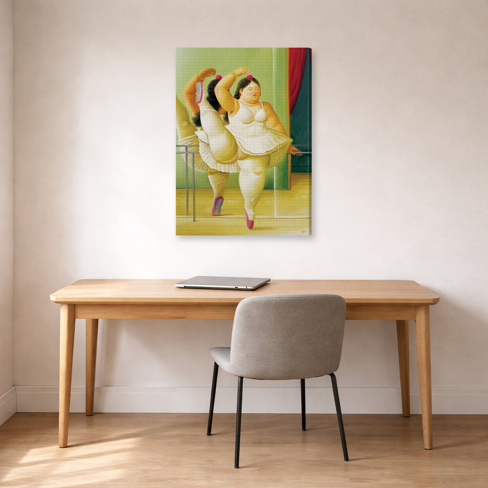Gallery-wrapped canvas print of Fernando Botero's Dancers at the Bar displayed on a wall in a home office