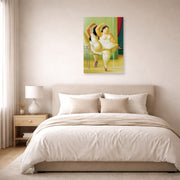 Unframed poster print of Fernando Botero's Dancers at the Bar displayed on a wall in a bedroom