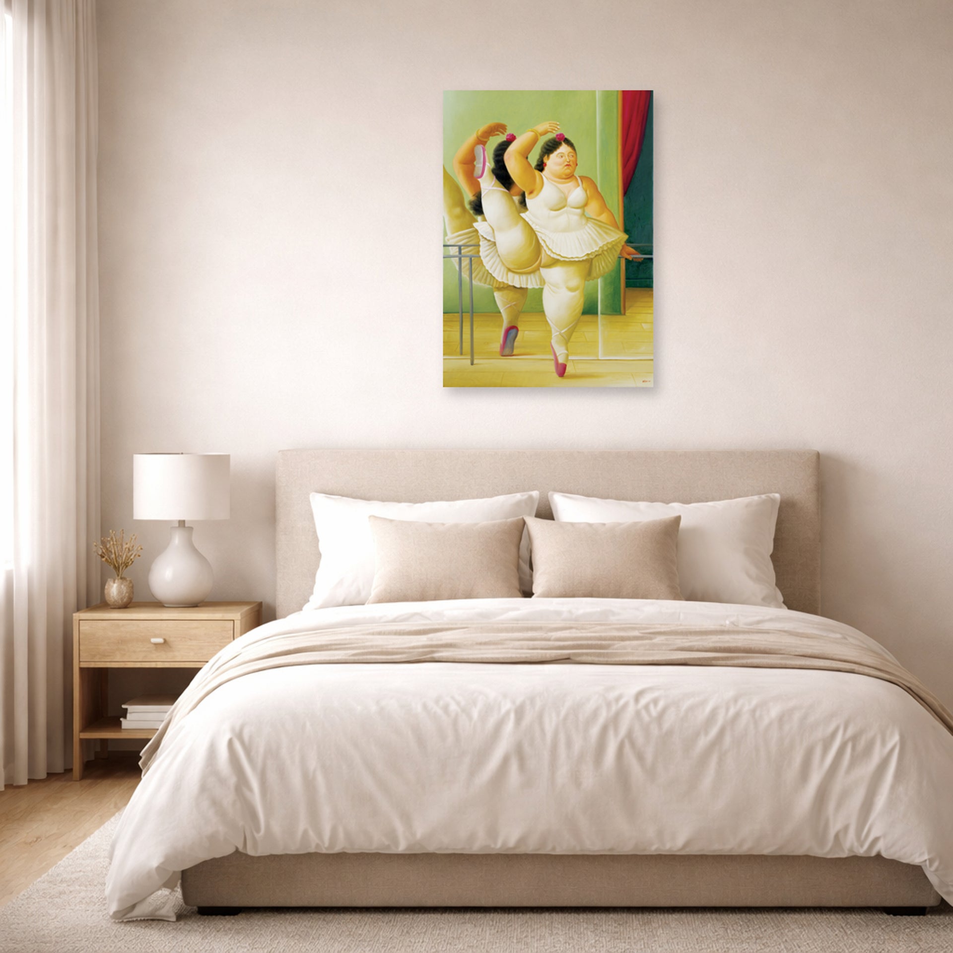Unframed poster print of Fernando Botero's Dancers at the Bar displayed on a wall in a bedroom