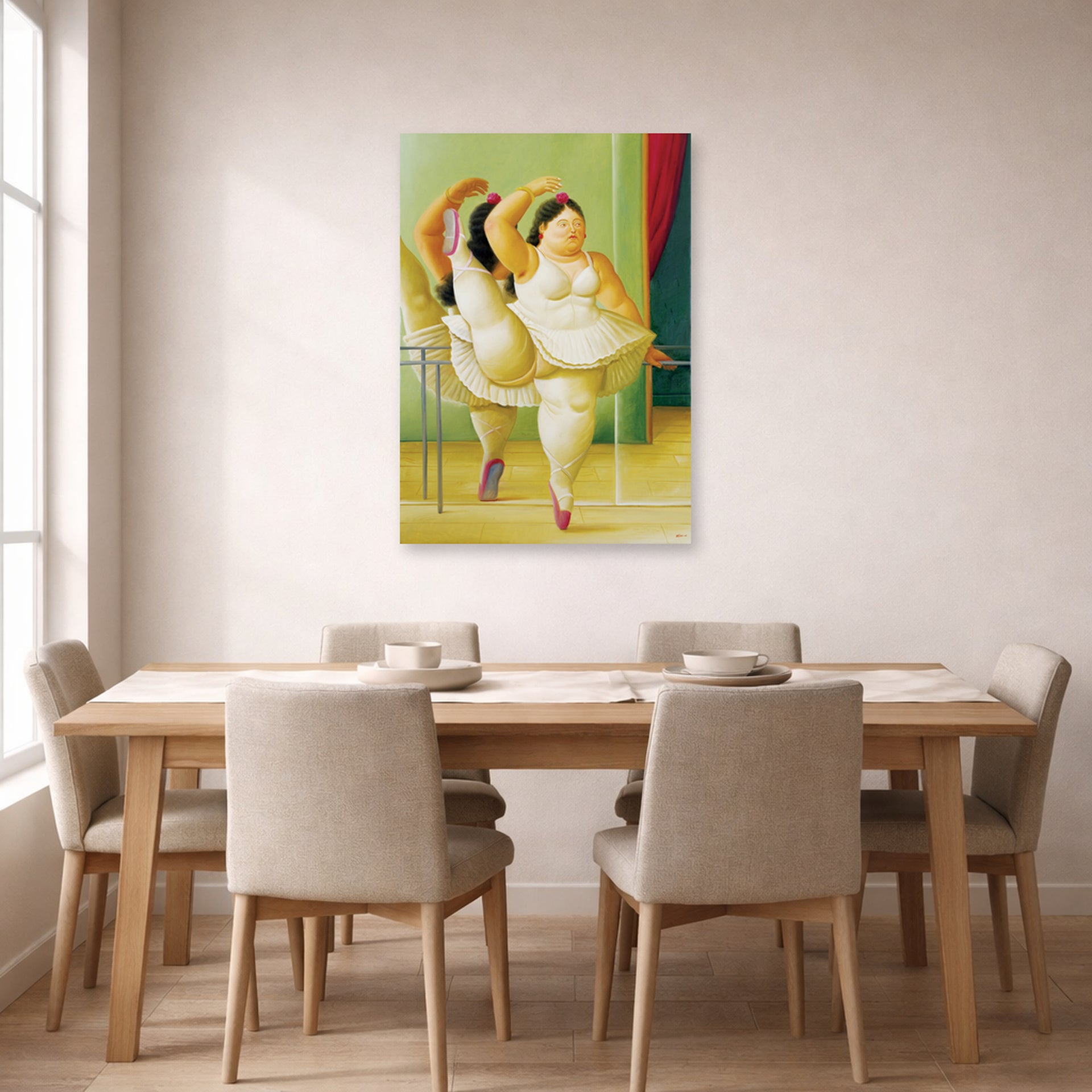 Unframed poster print of Fernando Botero's Dancers at the Bar displayed on a wall in a dining room