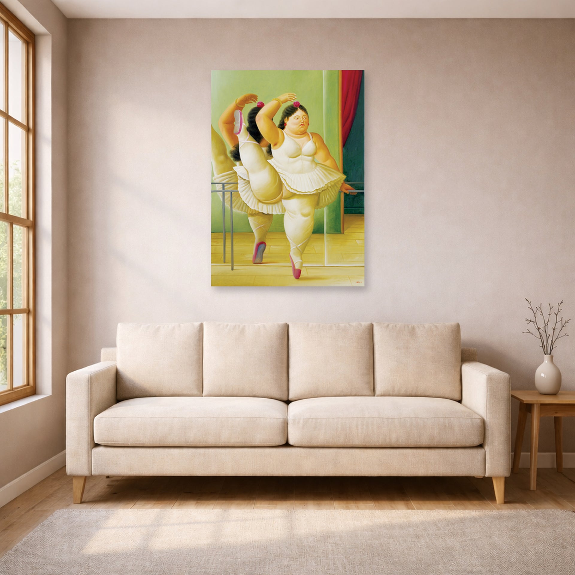 Unframed poster print of Fernando Botero's Dancers at the Bar displayed on a wall in a living room