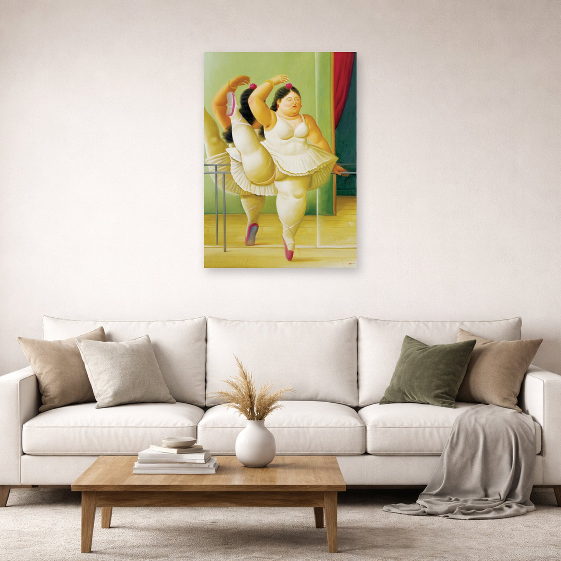 Unframed poster print of Fernando Botero's Dancers at the Bar displayed on a wall in a living room