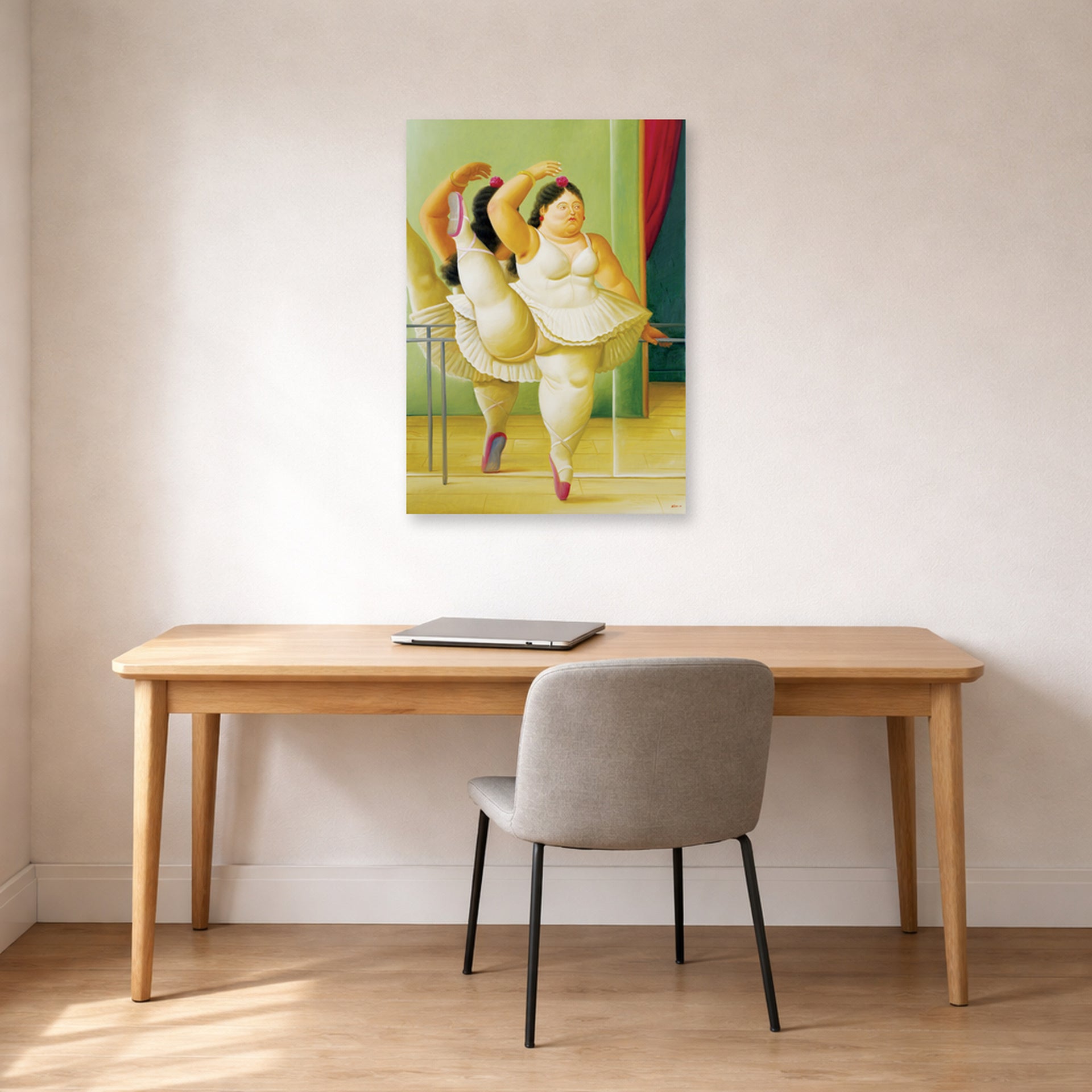 Unframed poster print of Fernando Botero's Dancers at the Bar displayed on a wall in a home office