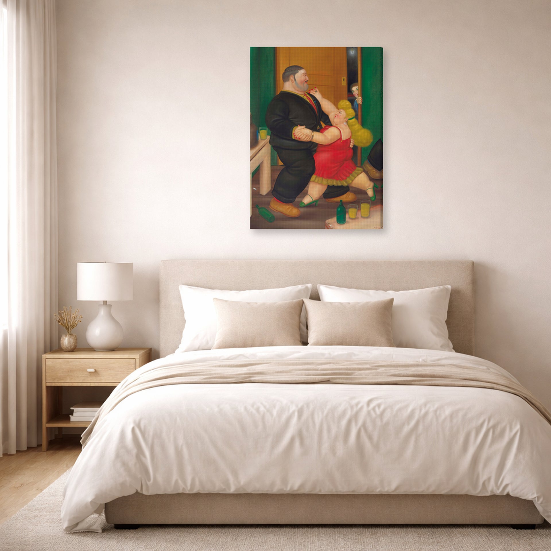 Gallery-wrapped canvas print of Fernando Botero's Dancing Couple displayed on a wall in a bedroom