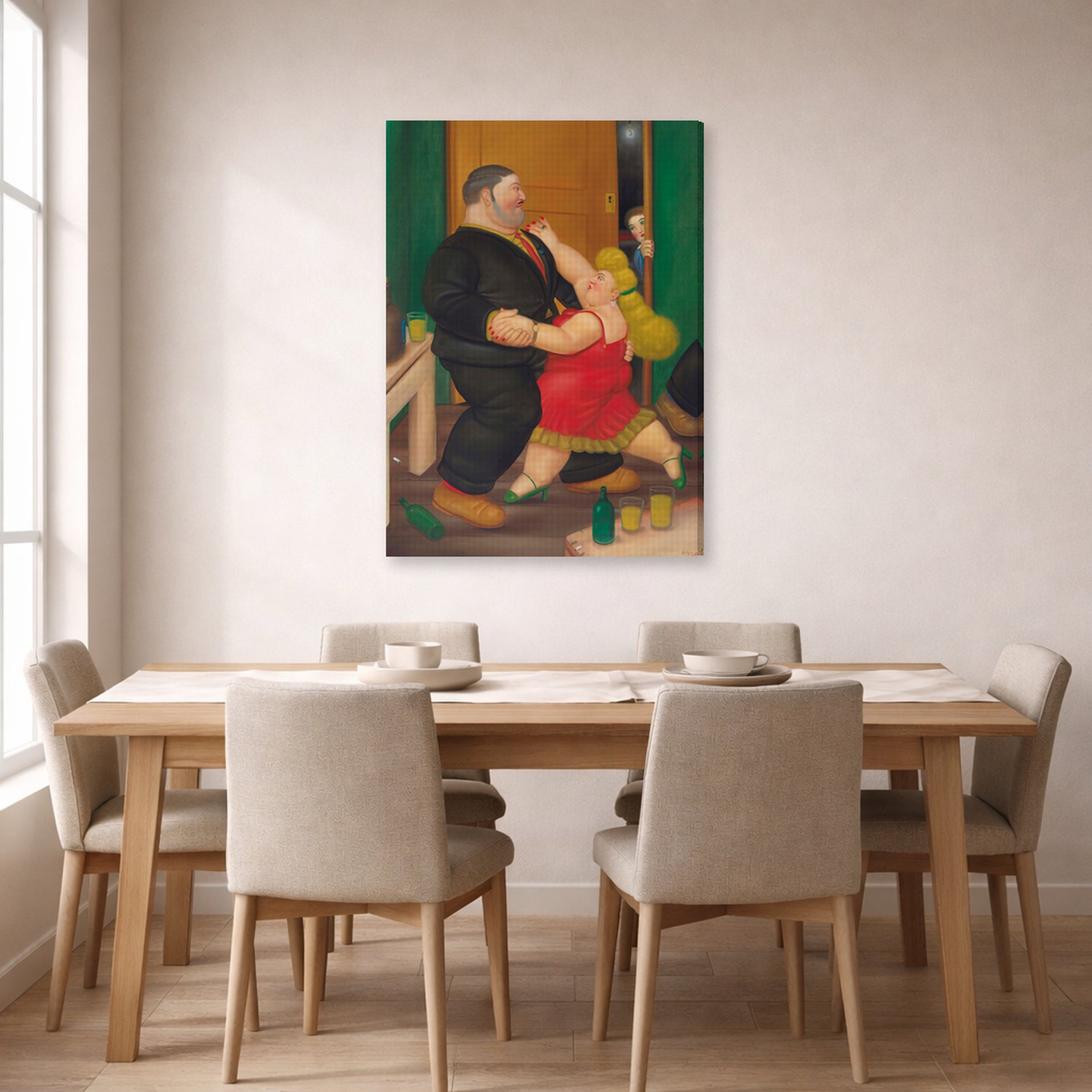 Gallery-wrapped canvas print of Fernando Botero's Dancing Couple displayed on a wall in a dining room