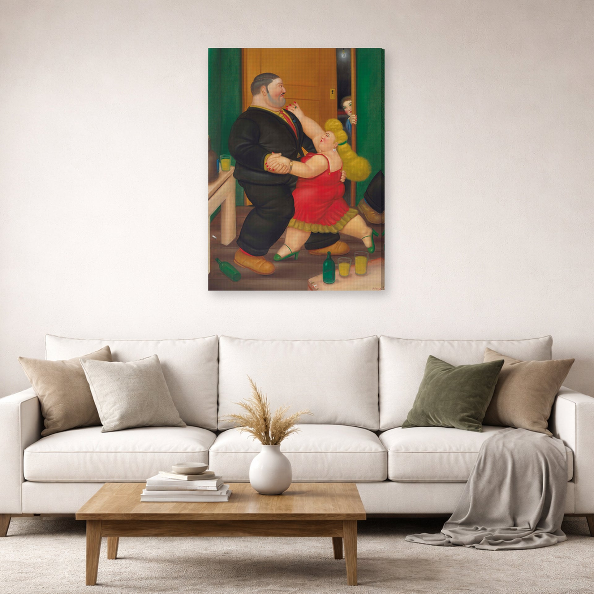 Gallery-wrapped canvas print of Fernando Botero's Dancing Couple displayed on a wall in a living room
