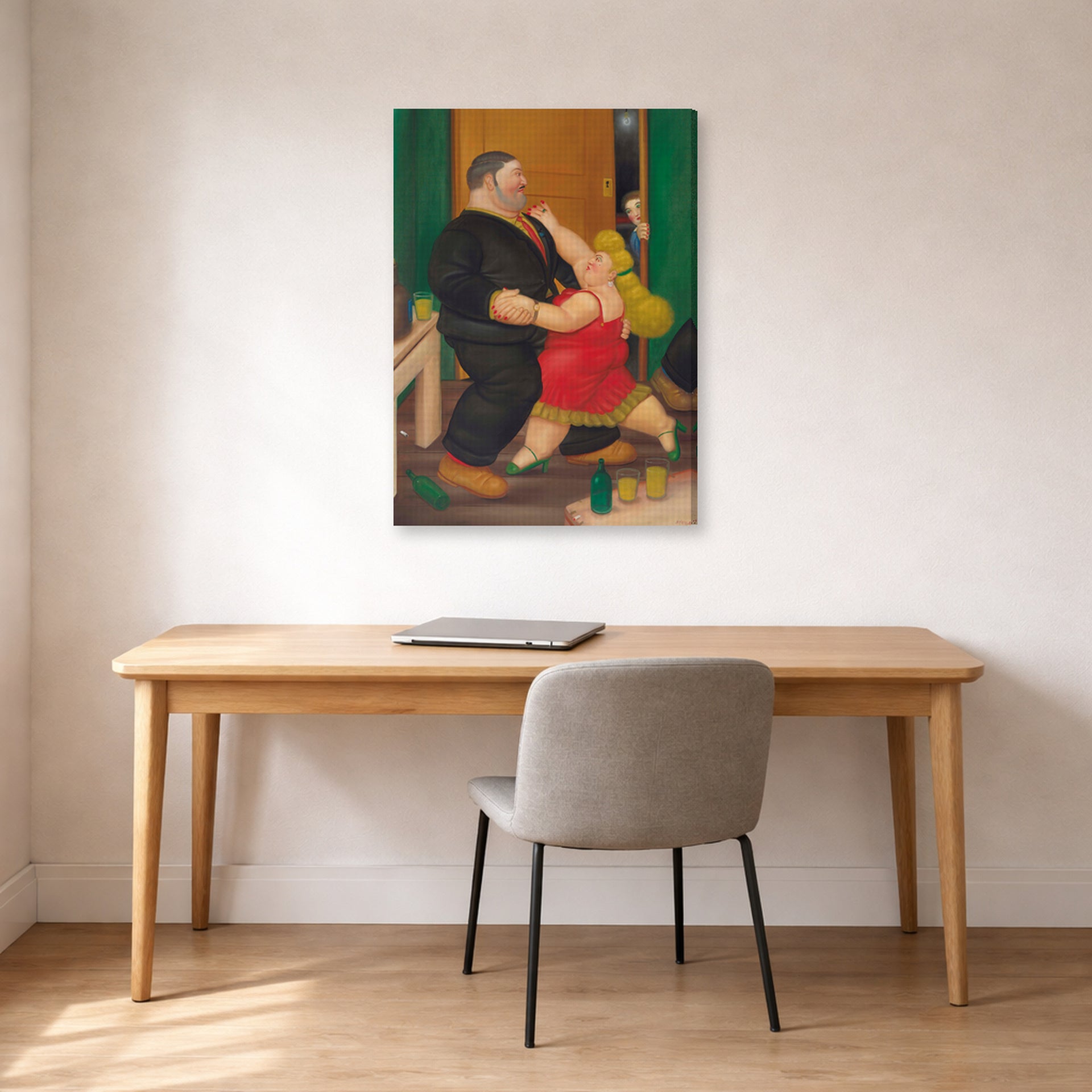 Gallery-wrapped canvas print of Fernando Botero's Dancing Couple displayed on a wall in a home office