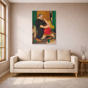 Unframed poster print of Fernando Botero's Dancing Couple displayed on a wall in a living room