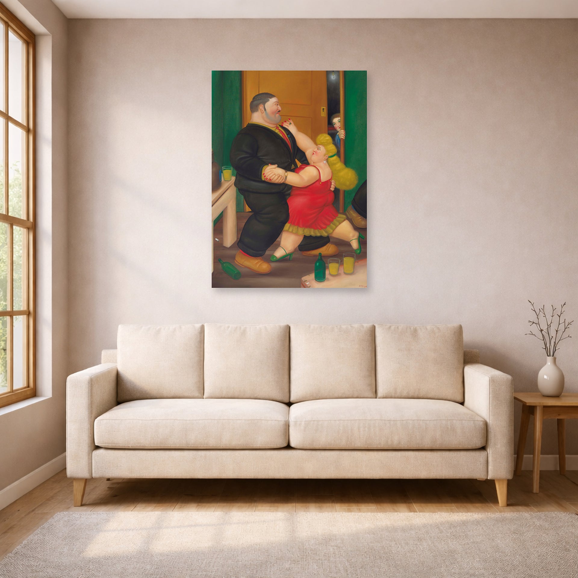 Unframed poster print of Fernando Botero's Dancing Couple displayed on a wall in a living room