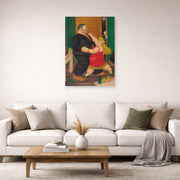 Unframed poster print of Fernando Botero's Dancing Couple displayed on a wall in a living room