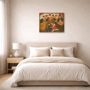 Gallery-wrapped canvas print of Fernando Botero's Dancing in Colombia displayed on a wall in a bedroom
