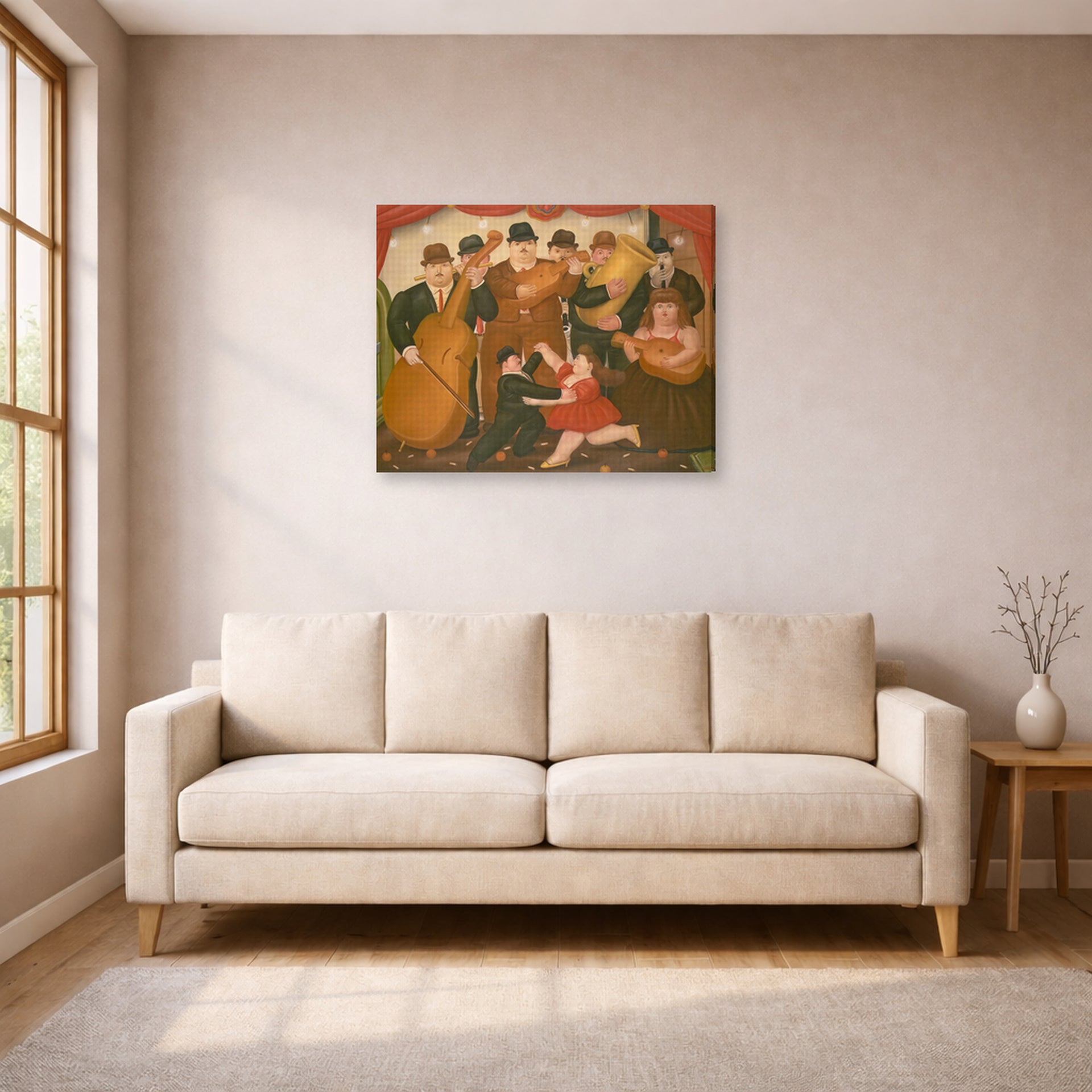 Gallery-wrapped canvas print of Fernando Botero's Dancing in Colombia displayed on a wall in a living room
