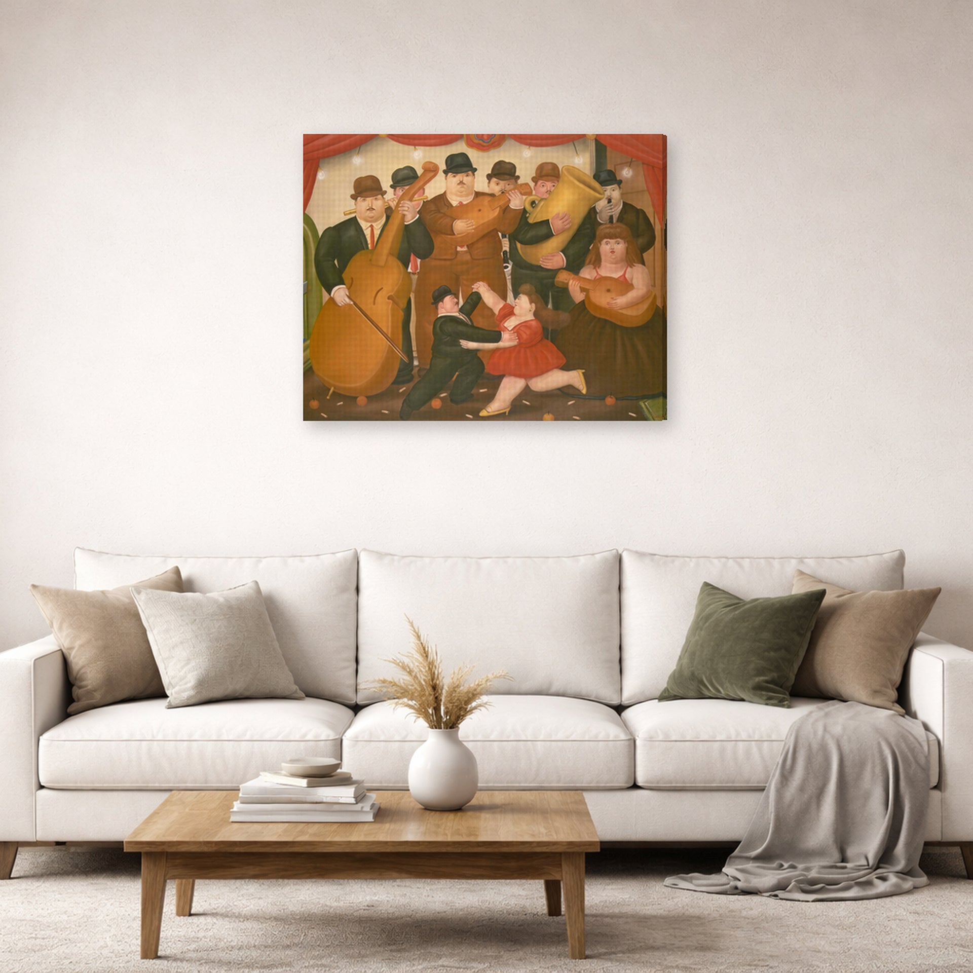 Gallery-wrapped canvas print of Fernando Botero's Dancing in Colombia displayed on a wall in a living room