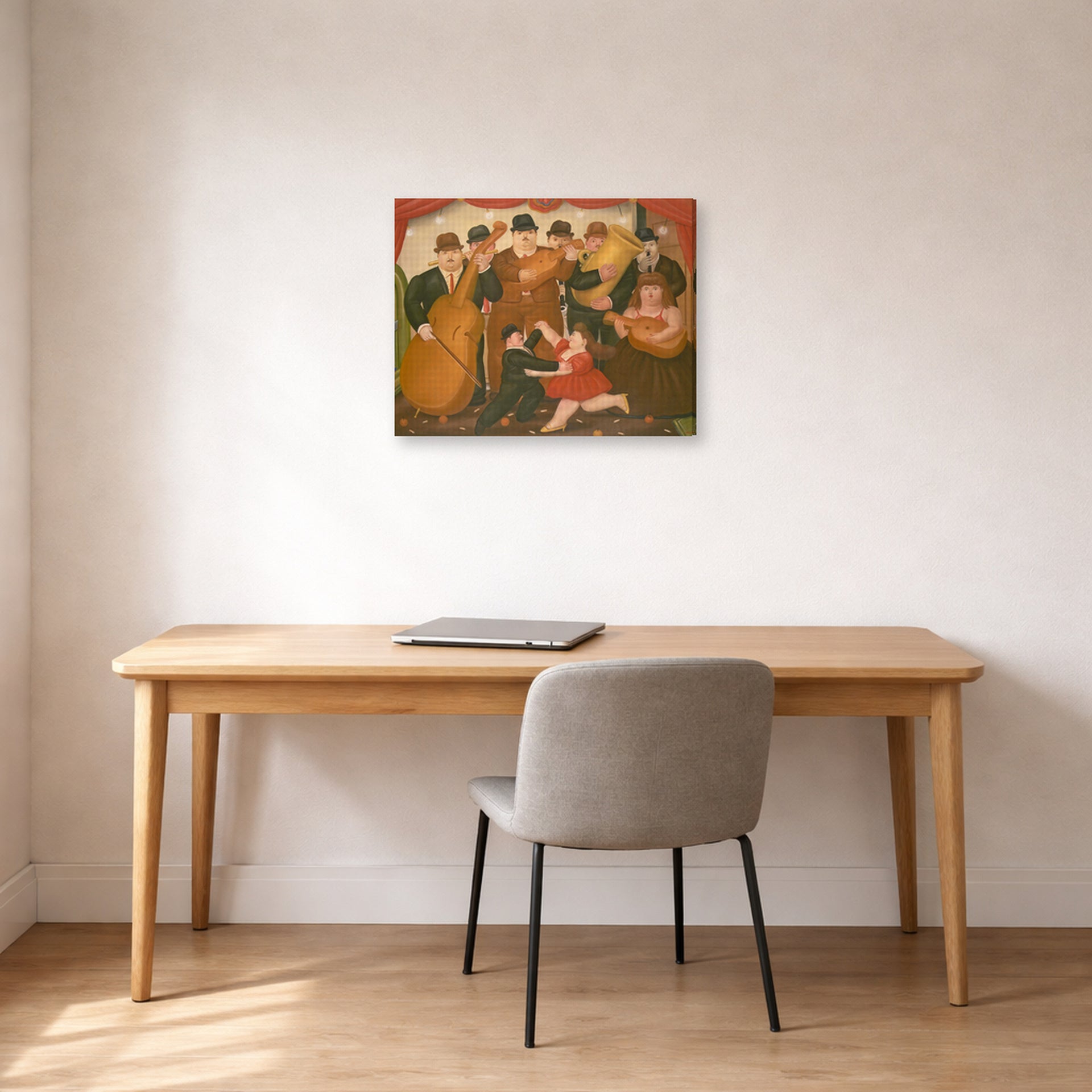 Gallery-wrapped canvas print of Fernando Botero's Dancing in Colombia displayed on a wall in a home office
