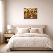 Unframed poster print of Fernando Botero's Dancing in Colombia displayed on a wall in a bedroom