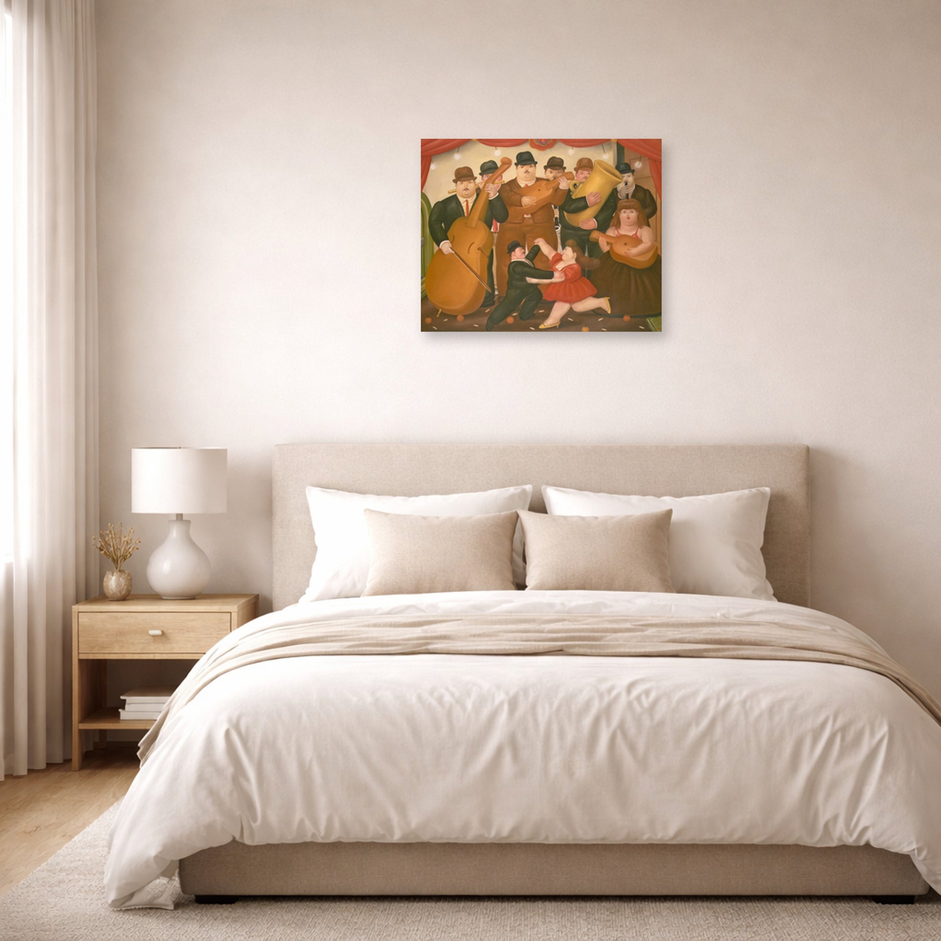 Unframed poster print of Fernando Botero's Dancing in Colombia displayed on a wall in a bedroom