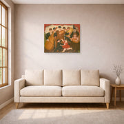 Unframed poster print of Fernando Botero's Dancing in Colombia displayed on a wall in a living room
