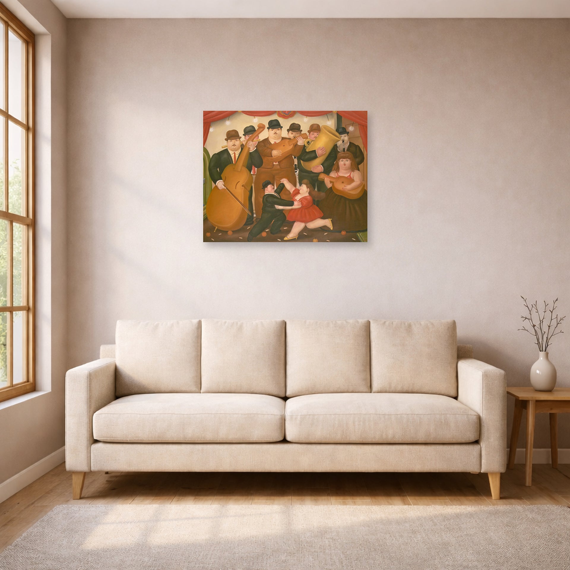 Unframed poster print of Fernando Botero's Dancing in Colombia displayed on a wall in a living room