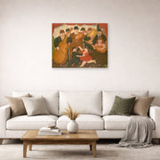 Unframed poster print of Fernando Botero's Dancing in Colombia displayed on a wall in a living room