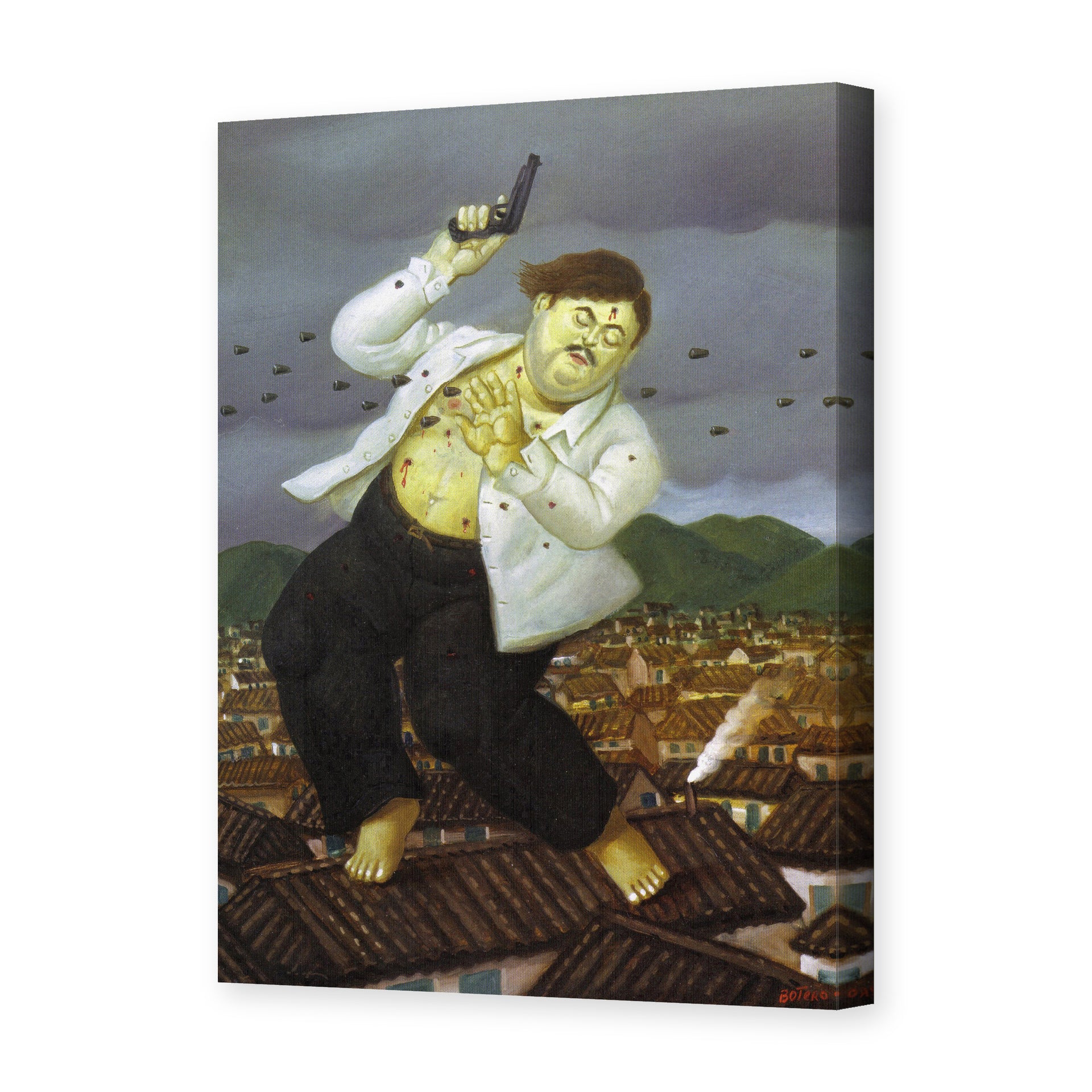 Fernando Botero's 'Death of Pablo Escobar' painting reproduced as a gallery-wrapped canvas print