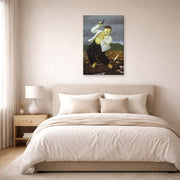 Gallery-wrapped canvas print of Fernando Botero's Death of Pablo Escobar displayed on a wall in a bedroom