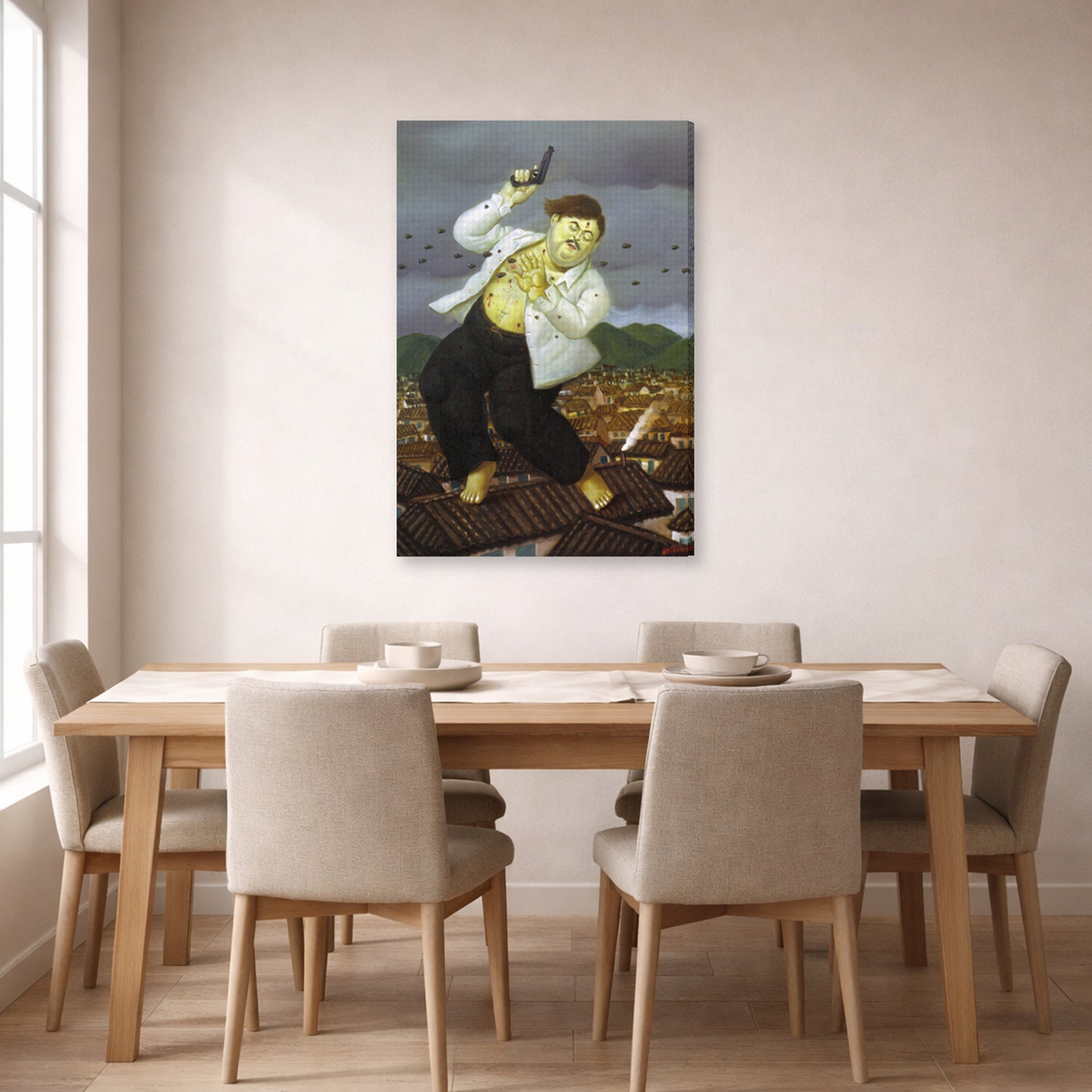 Gallery-wrapped canvas print of Fernando Botero's Death of Pablo Escobar displayed on a wall in a dining room