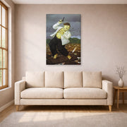 Gallery-wrapped canvas print of Fernando Botero's Death of Pablo Escobar displayed on a wall in a living room