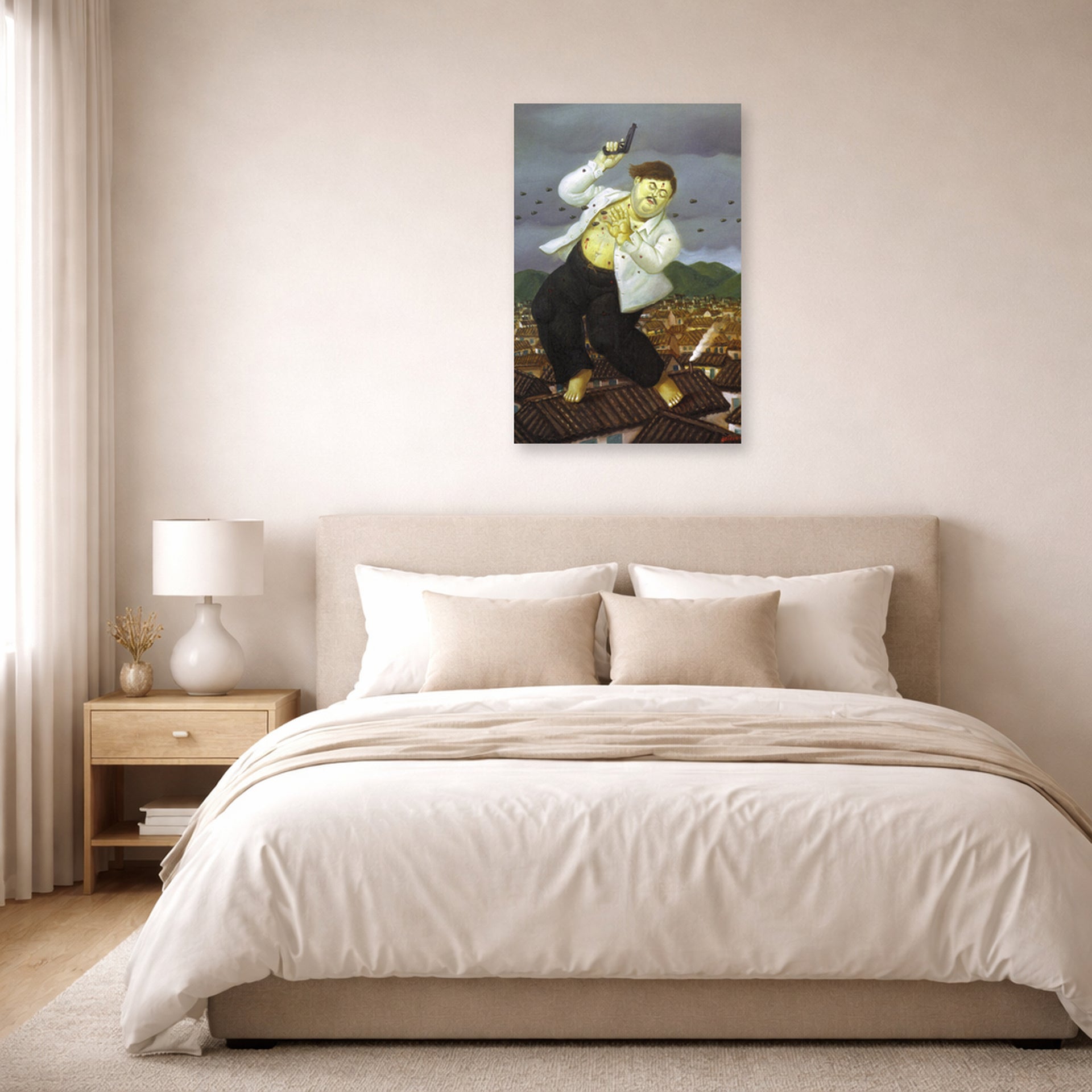 Unframed poster print of Fernando Botero's Death of Pablo Escobar displayed on a wall in a bedroom